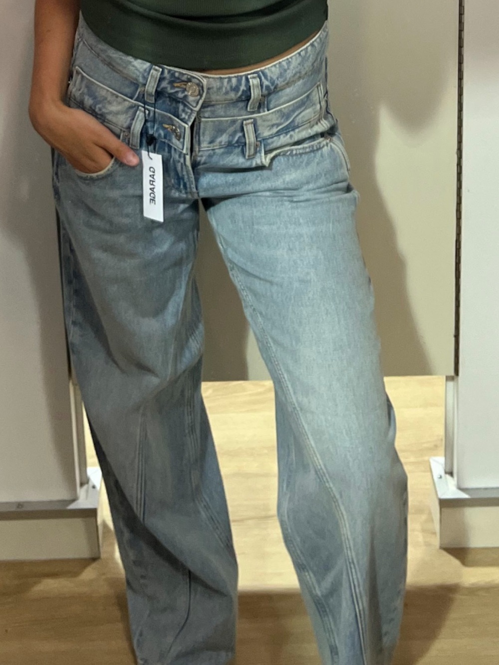 Garage Double-Button High-Waist Wide-Leg Jeans - Light Blue